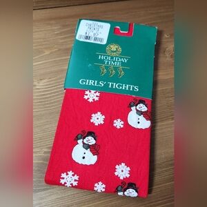 Holiday Time Red Vintage Christmas Girls Tights with Snowman and Snowflakes
